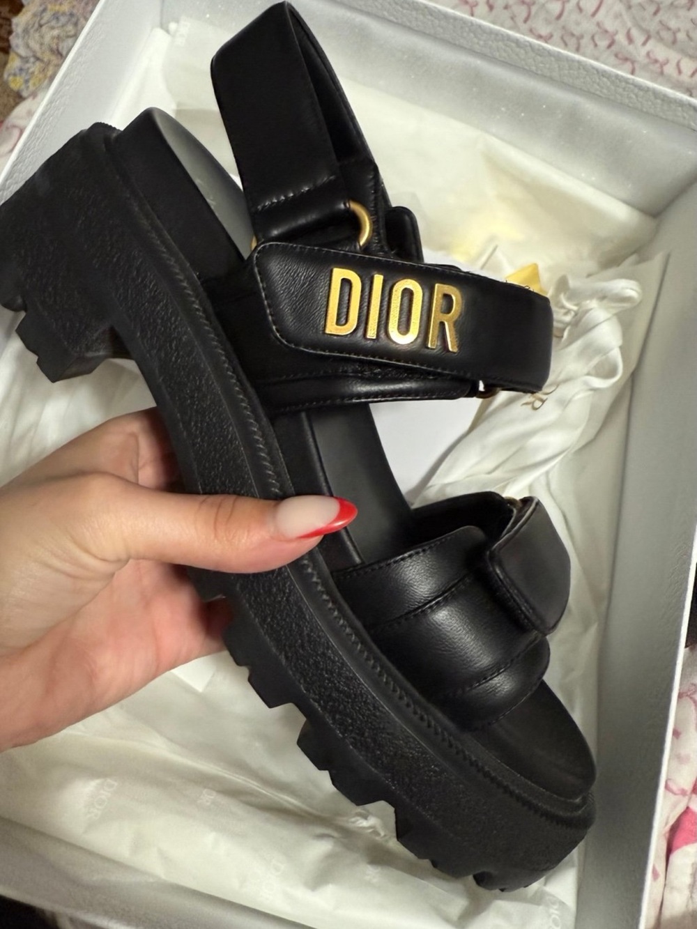 Dior Black Leather Chunky Logo Strap Sandals